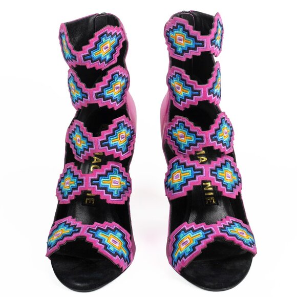 Kat Maconie Thea Metallic Fuchsia Pink Leather Embroidered Aztec Sandals sz 8 - Picture 2 of 11